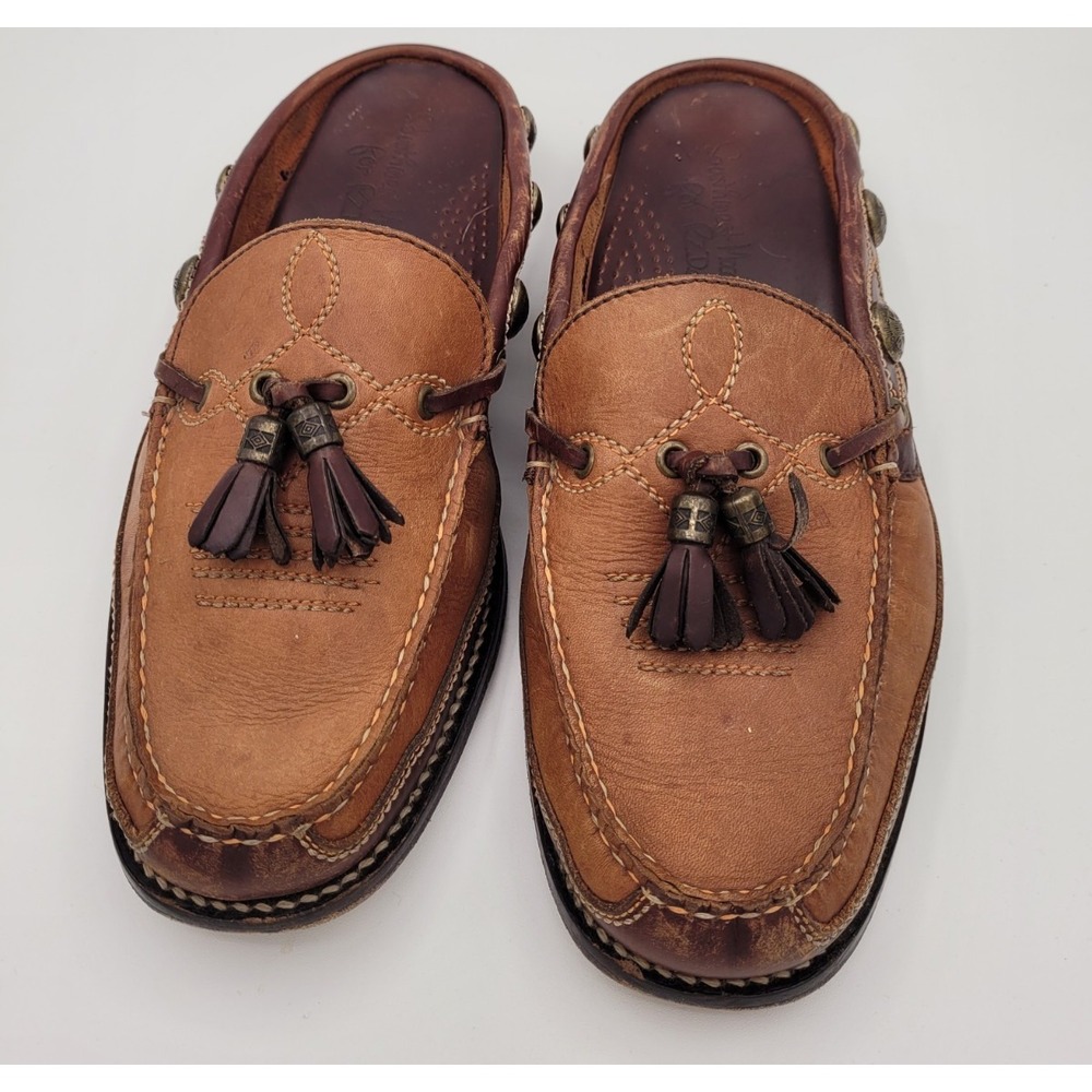 Vintage Southwest Moccasin Co RZ Design Western Leather Slides 9M Tassel Studs